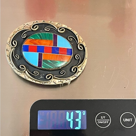 VTG Southwest Mosaic Inlay Gemstone Belt Buckle Silver Plated - Picture 9 of 11